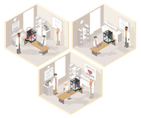 Clinical laboratories set of isometric illustrations with medical 3D printer and professional doctors creating three-dimensional organs under computer control.のイラスト素材