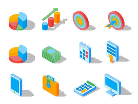 Business elements for web design in three dimensional vector illustrations. Set of isometric icons for web design isolated on white backgroundのイラスト素材