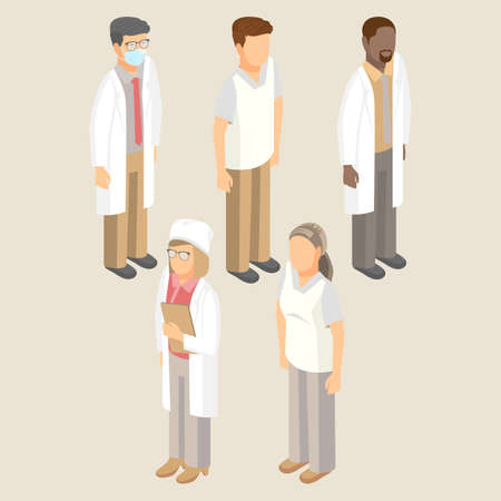 Medical workers set of men and women in white uniform vector illustration. Doctors in respiratory mask, hat, sanitary nurse, surgeon and pediatrician with therapistのイラスト素材