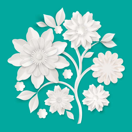 Graceful stem with charming blossom made of white paper sheet isolated vector illustration on turquoise background. Skilled origami work with lot of details.のイラスト素材