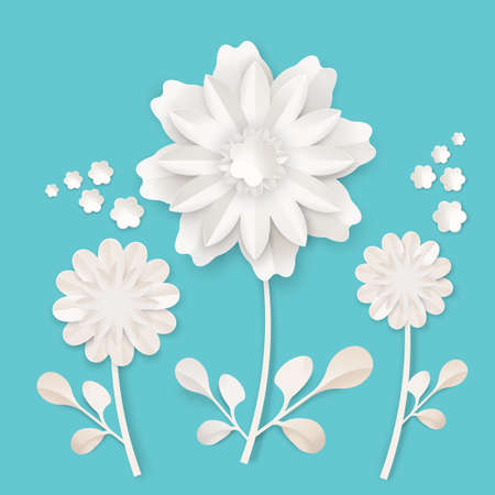 Graceful stem with charming blossom made of white paper sheet isolated vector illustration on turquoise background. Skilled origami work with lot of details.のイラスト素材