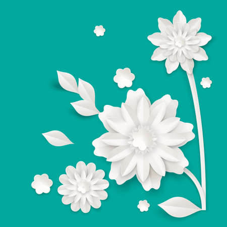 Graceful stem with charming blossom made of white paper sheet isolated vector illustration on turquoise background. Skilled origami work with lot of details.のイラスト素材