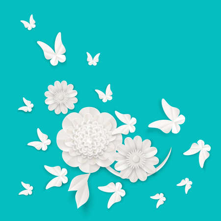 Flora origami elements of luxury white flower and tropical butterfliesのイラスト素材
