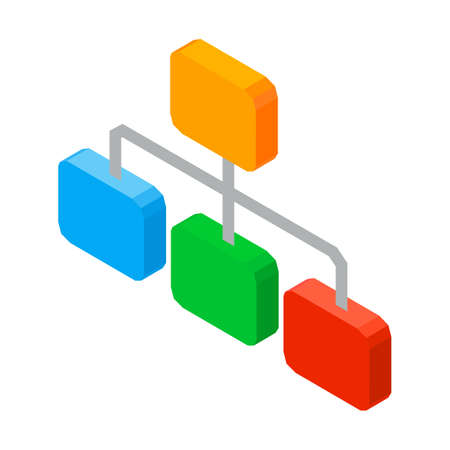 Structure of organized elements, hierarchy network scheme 3D icon with one leader chart divided on three branches at lower level vector illustration isolated on white.のイラスト素材