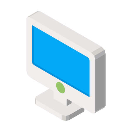 Computer screen isolated on white three dimensional concept vector illustration in graphic design. Monitor in blue color with small round button.のイラスト素材