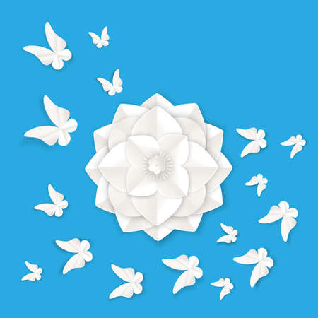 Flora origami elements of luxury white flower and tropical butterflies vector illustration isolated on blue background, summer posterのイラスト素材