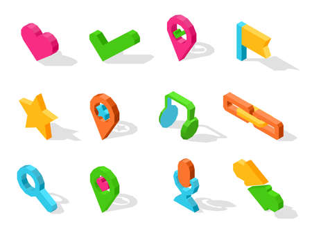 Pink heart, green check mark, geolocation symbols, gold star, big headphones, chain icon, search button, retro mic and colorful arrows vector illustrations.のイラスト素材