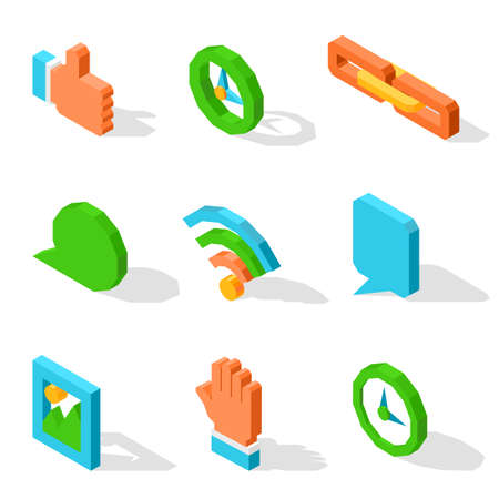Like icon, mechanical clocks, orange chain, round and square chat clouds, wifi connection symbol, gallery sign and human palm vector illustrations.のイラスト素材