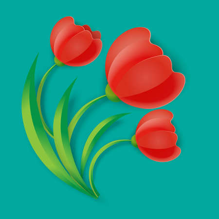 Illustration pour Background three red tulip flowers with green leaves vector illustration - image libre de droit