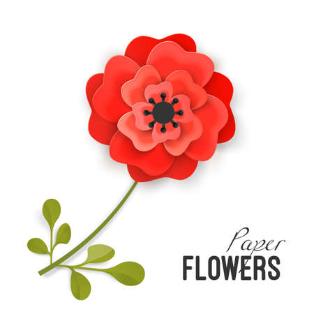 Paper flower lush red peony on small stem with leaves isolated vectorのイラスト素材