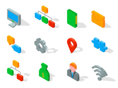Set of business 3D icons vector illustration isolated on white. Computer symbol, wi-fi connection, avatar userpic, mail and chart logo design with hierarchy network iconのイラスト素材