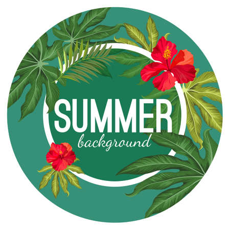 Summer background with tropical leaves and flower vectorのイラスト素材