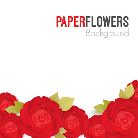 Paper flower background with red roses with green leaves iのイラスト素材
