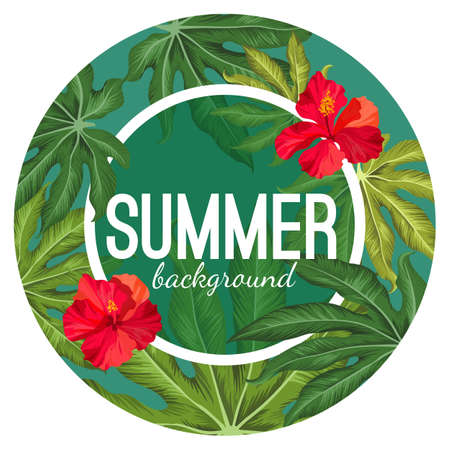 Summer background with tropical leaves and flower vectorのイラスト素材