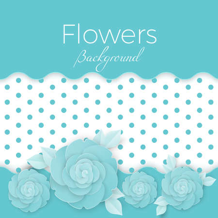 Flowers background with dotted center, paper origami blossoms in blue and white colors. Hand made greeting card vector illustrationのイラスト素材