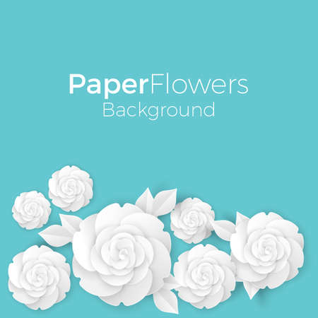 Flowers background with paper blooming white 3D roses with leavesの写真素材