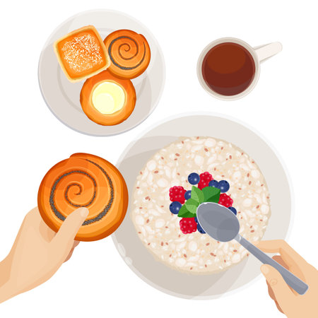 Top view of breakfast table with fresh-baked pastry, strong black coffee and oatmeal with fruits isolated vector illustration on white backgroundのイラスト素材