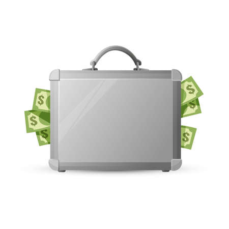 Icon of closed briefcase stuffed with money isolated on white background.のイラスト素材