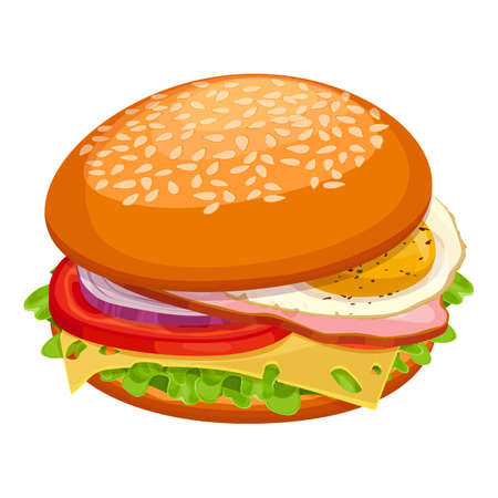 Breakfast sandwich with cheese, green lettuce, tomatoes, onion, fried eggのイラスト素材