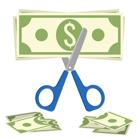 Scissors cuts budget, process of cutting dollar banknote vector illustration isolated on white. Reduction of budgets amount processのイラスト素材