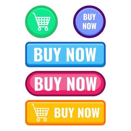 Set of web push buttons buy now with cart icon vector promo stickers of rectangular and round shapes vector illustrations isolated on white backgroundのイラスト素材