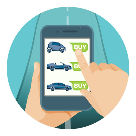 Convenient car purchase in smartphone by online applicationのイラスト素材