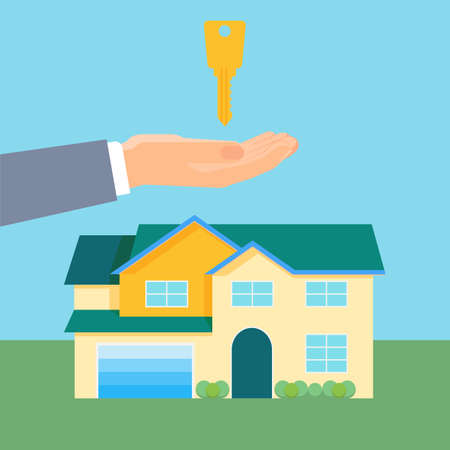 Property purchase promotional poster with cozy house and gold keyのイラスト素材