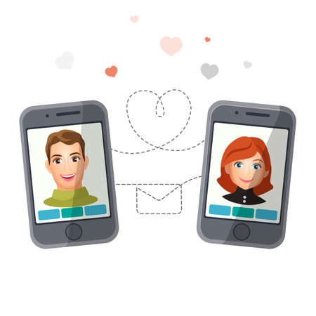 Dating application with man and woman communicating via smartphonesのイラスト素材