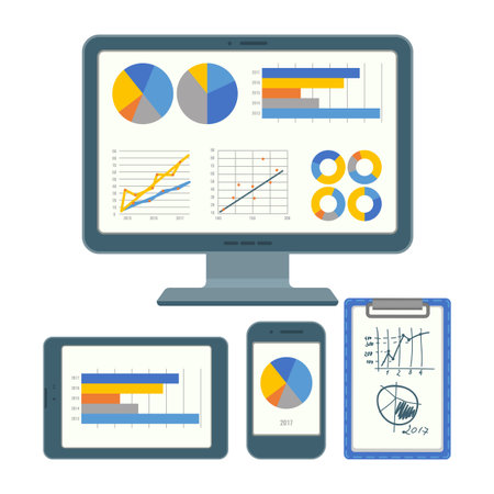 Dashboard images of gadgets and notebook, smartphone with graphics and charts, information presented in visual form isolated on vector illustrationのイラスト素材