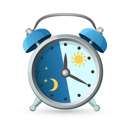 Old clock with two parts separated with line, day and night with sun and moon icons, watch arrows pointing at hours on vector illustrationのイラスト素材