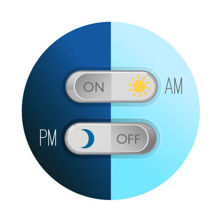 Day and night concept, placard with two buttons on and off signs, circular image with sun and moon, banner isolated on vector illustration, push onのイラスト素材