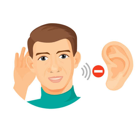 Deaf male character with ear closeup and stop signのイラスト素材