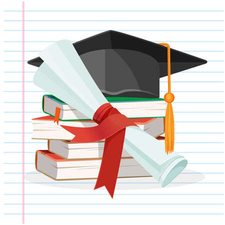 Degree scroll and graduation cap on background of linear piece of paper vectorのイラスト素材