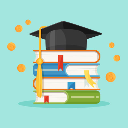 Degree square cap on piles of textbooks vector illustrationのイラスト素材