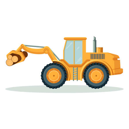 Modern yellow tractor that carries heavy logs isolated illustrationのイラスト素材