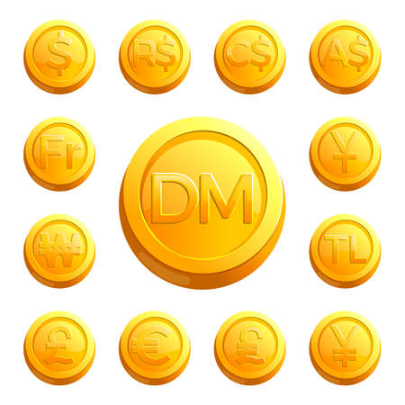 Gold shiny coins with money signs of various countries and huge deutsche mark in middle isolated cartoon vector illustrations on white background.のイラスト素材