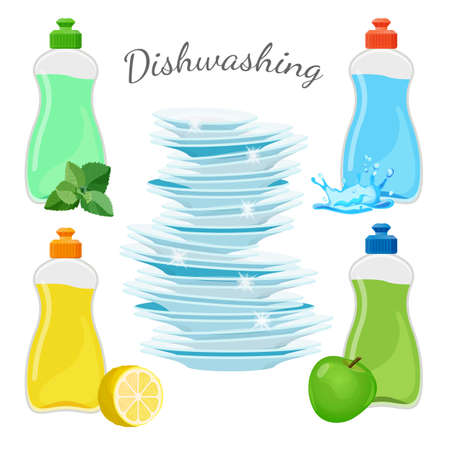 Dishwashing means with aromas of fresh mint, juicy lemon and green apple and pile of clean shiny dishes isolated cartoon flat vector illustration.のイラスト素材
