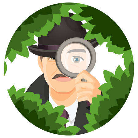 Detective with mustaches in retro hat and black coat hides in thick bushes with magnifier isolated cartoon flat vector illustration inside circle.のイラスト素材