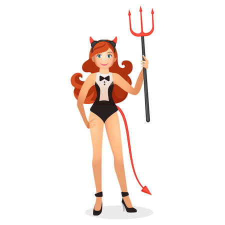 Redhead woman in devil costume. Female character dressed in swimsuit and heels, big trident, long tail and fake horns cartoon vector illustration.のイラスト素材