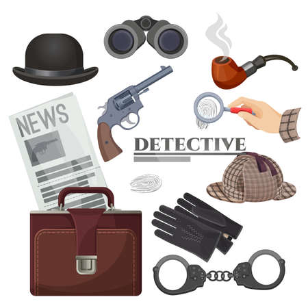 Professional retro detective accessories isolated cartoon illustrations setのイラスト素材