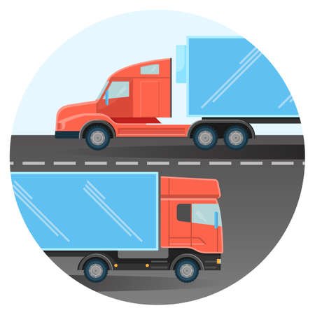 Diesel trucks drive on two-line highway inside circleのイラスト素材
