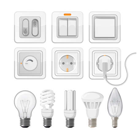 Set of light saving bulbs, electric switches, plastic dimmersのイラスト素材