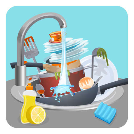 Dirty dishes plates and pans in sink under running waterの写真素材