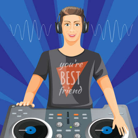 DJ in headphones plays loud music on modern turntable and sound wave comes through his ears. Isolated cartoon flat vector illustration on blue background.のイラスト素材