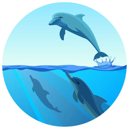 Dolphin jumping out of water in deep blue sea, vector illustration.のイラスト素材