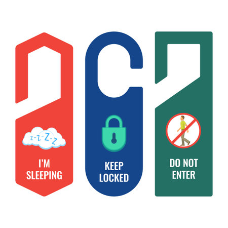 Door hangers with informative signs and pictures set. I am sleeping, keep locked and do not enter signs with small icons isolated vector illustrations.のイラスト素材