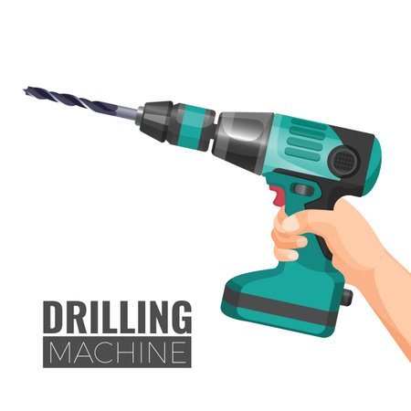 Hand drill or drilling machine fitted with cutting or driving tool attachment, usually drills or driver bit, used for boring holes in various materials or fasteningのイラスト素材