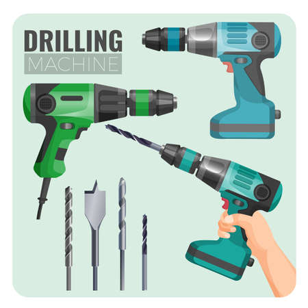 Drilling machine vector illustration of electro work tool and set of set of drills, drill in hand long brad point drill bit for woodworking isolated on whiteのイラスト素材