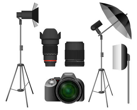 Modern camera with lenses and lighting equipment set. Basic tools for professional photo session in studio isolated cartoon flat vector illustrations.のイラスト素材