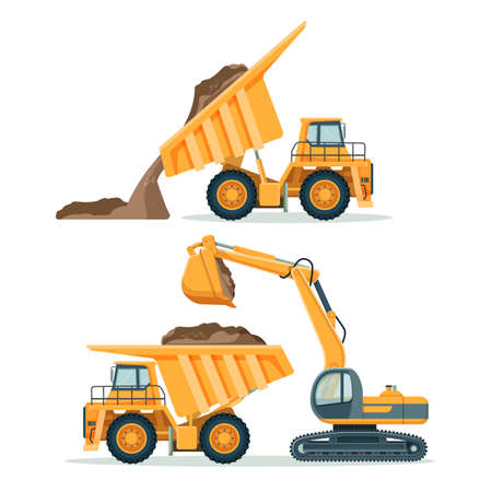 Dump truck with body full of soil and modern excavatorのイラスト素材